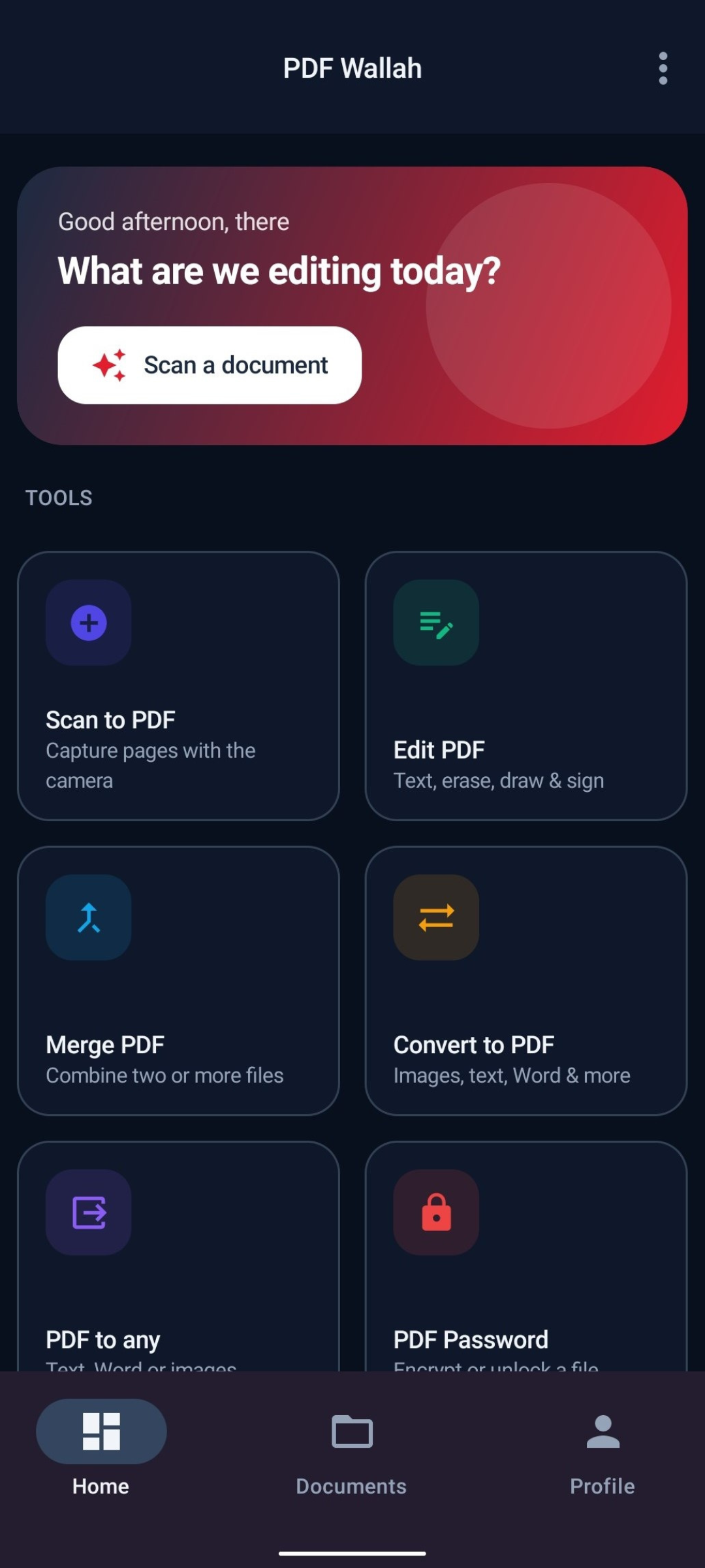 Home screen in dark mode, with a red gradient card asking &ldquo;What are we editing today?&rdquo; above a Scan a document button, and the start of the tools grid showing Scan to PDF, Edit PDF, Merge PDF and Convert to PDF.