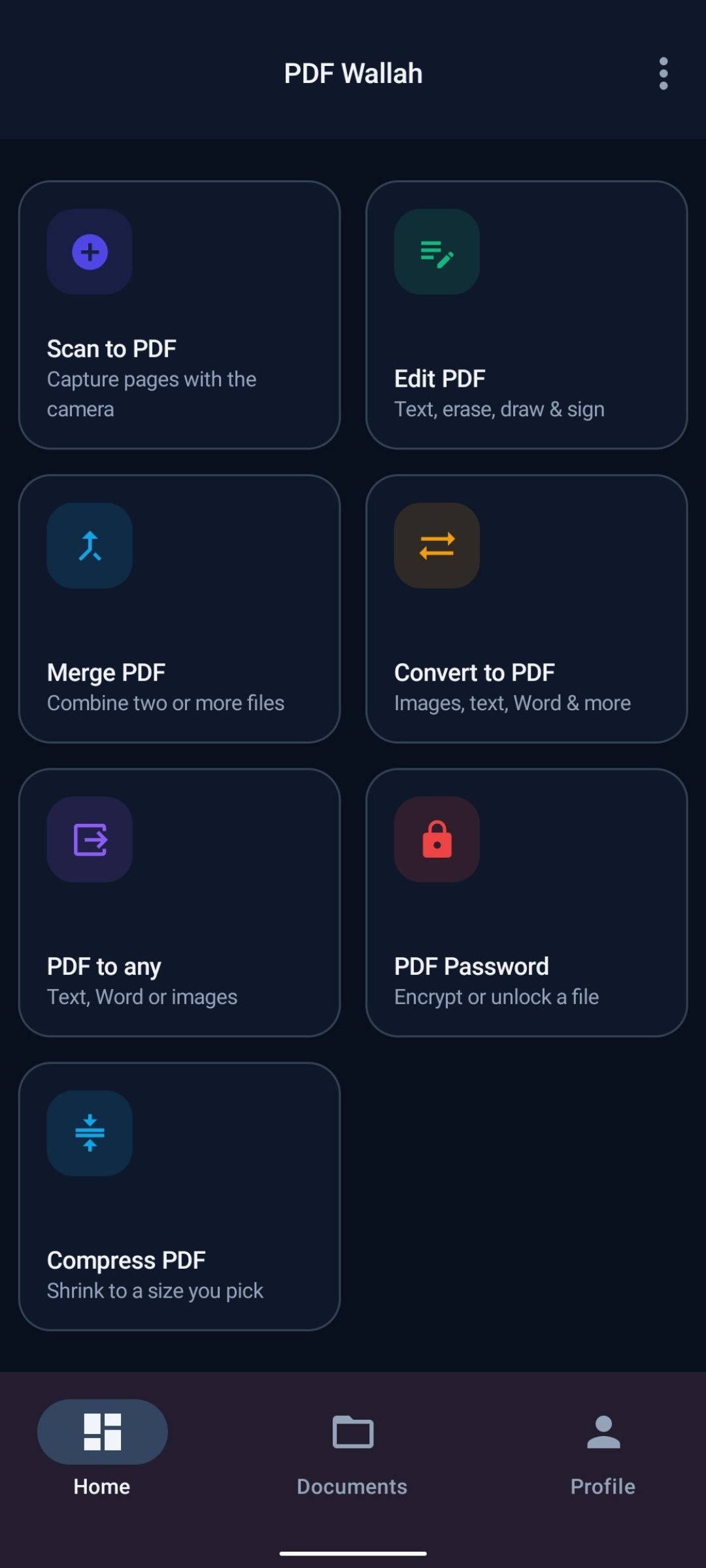 The full tools grid: Scan to PDF, Edit PDF, Merge PDF, Convert to PDF, PDF to any, PDF Password and Compress PDF, each tile carrying its own one-line description.
